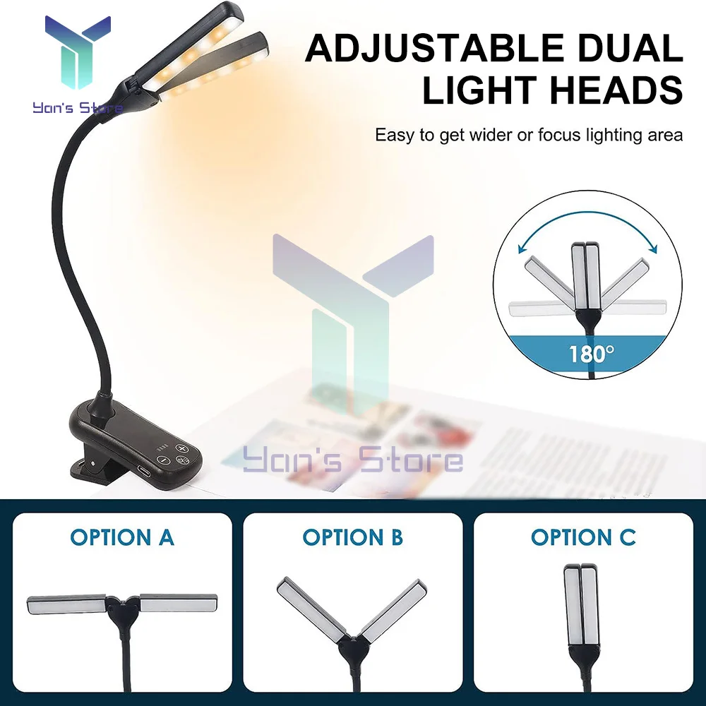 14LED Clip On Book Light 3 Colors 8 Brightness USB Rechargeable Night Light Portable Reading Book Lamp Mini Bedside Lamp