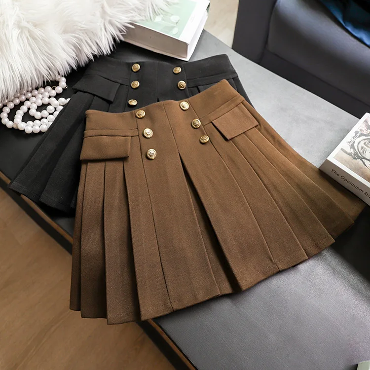 

High Waist Solid Pleated Woolen Mini Skirt for Women Winter Korean Preppy Style Fashion Cute A-line Skirts Skort Y2K Clothes