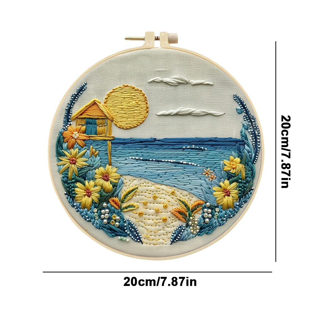 Landscape Stamped Cross Stitch Embroidery Kits with Hoop Cloth Color Thread