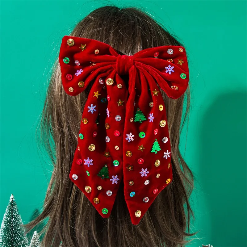Christmas Hair Bow Clips Shiny Sequin Hair Barrettes Holiday Accessories for Women