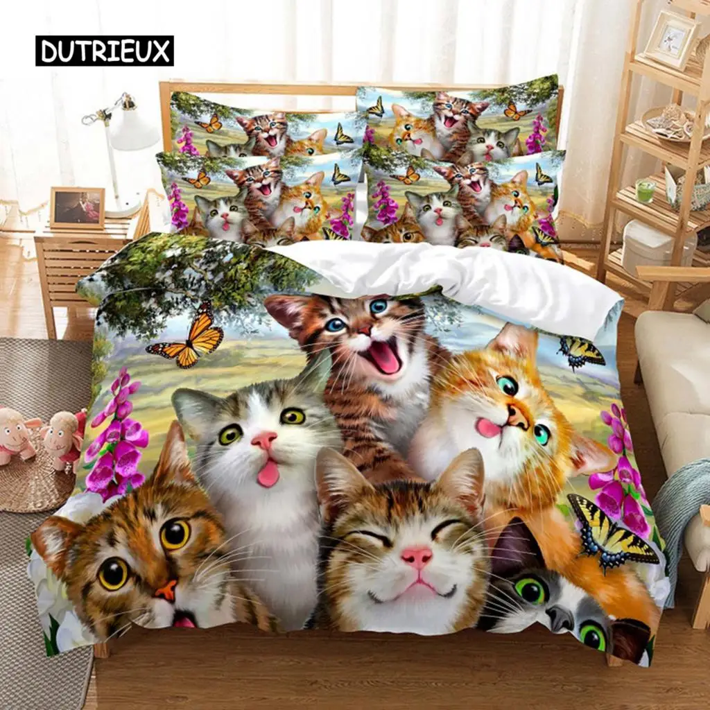 

Cat Duvet Cover Set Cute Kitty Theme Bedding Set for Kids Girls 2/3pcs Single Double Queen King Size Comforter Cover Bedclothes