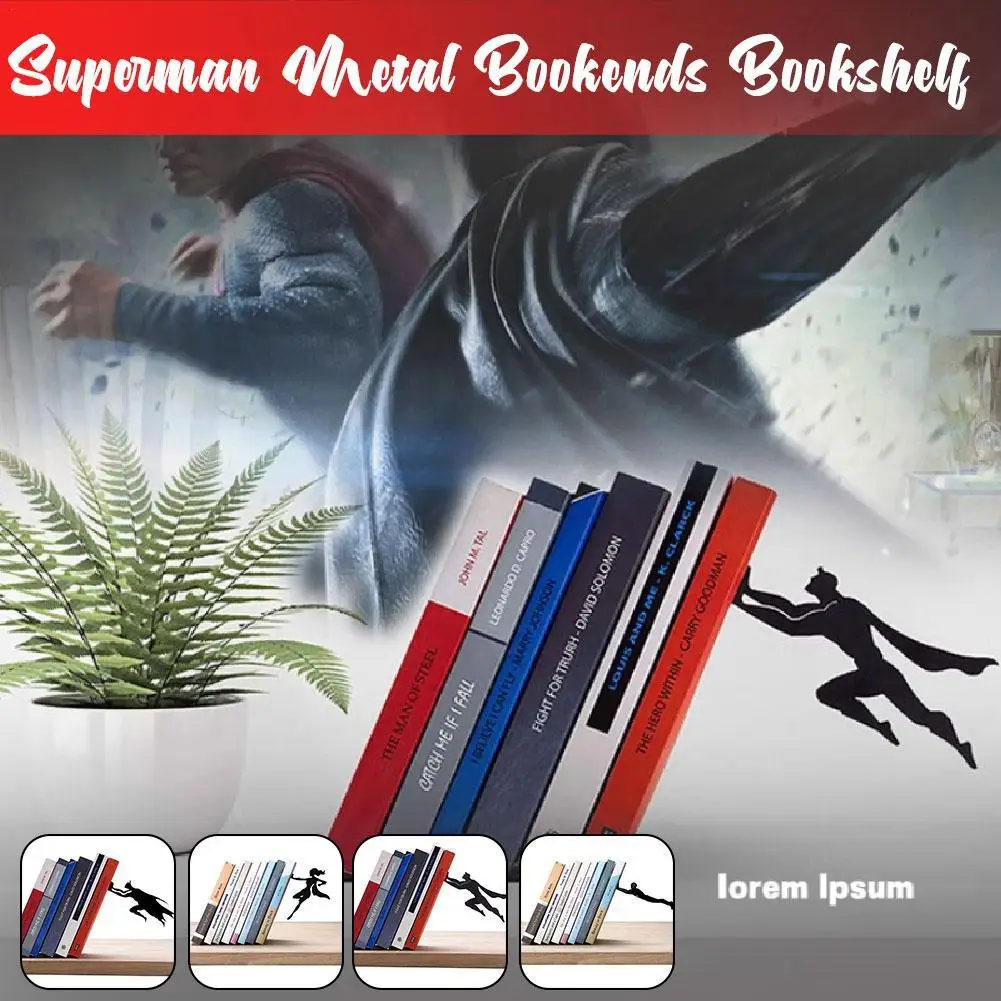 Metal Bookshelf For Super Hero Bookend Figurines Decor Desktop Office Ornament Books Standing Base Student Storage Supplies