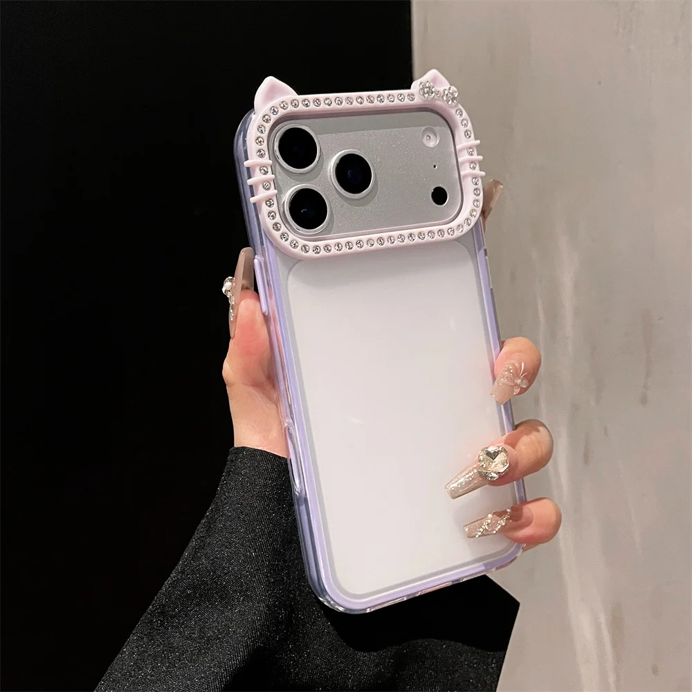 Luxury Rhinestone Cat Ears Matte Transparent Phone Case with Candy Color Bumper