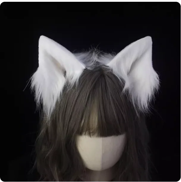 

2024 Original Hand-made White Black Plush Animal Ear Fox Ears Hair Hoop Side Clip KC Lolita Headdress Hair Accessory Cosplay