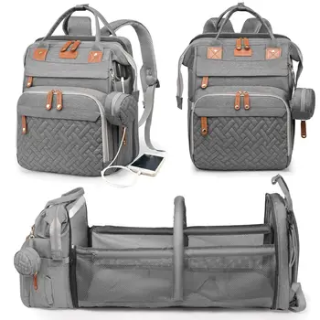 Borsa per Pannolini Impermeabile, Zaino per Pannolini con Porta USB, Regalo per Neonati, Grande Capacità, Grigio
