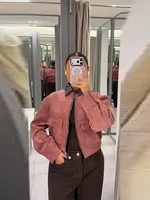 Veste en velours côtelé pour femme avec col en cuir patchwork, fermeture éclair, style décontracté urbain, color block, pour dames 2