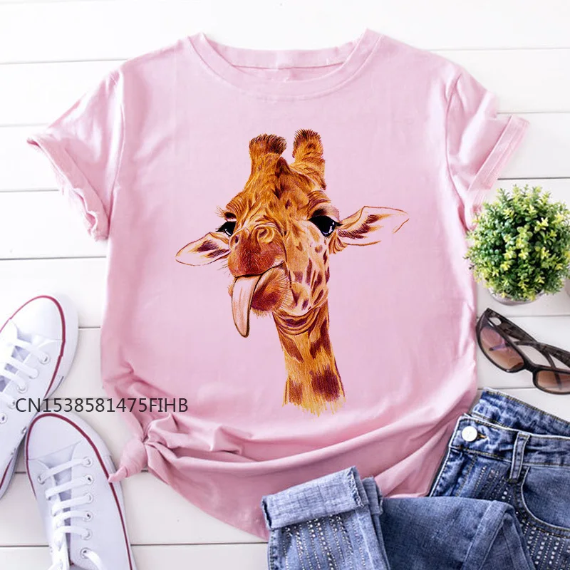 

Giraffe Print Pink Woman Basic Tshirts Women's Fun Cute Animal Pattern T Shirt Women Premium Tops Short Sleeve T-Shirt