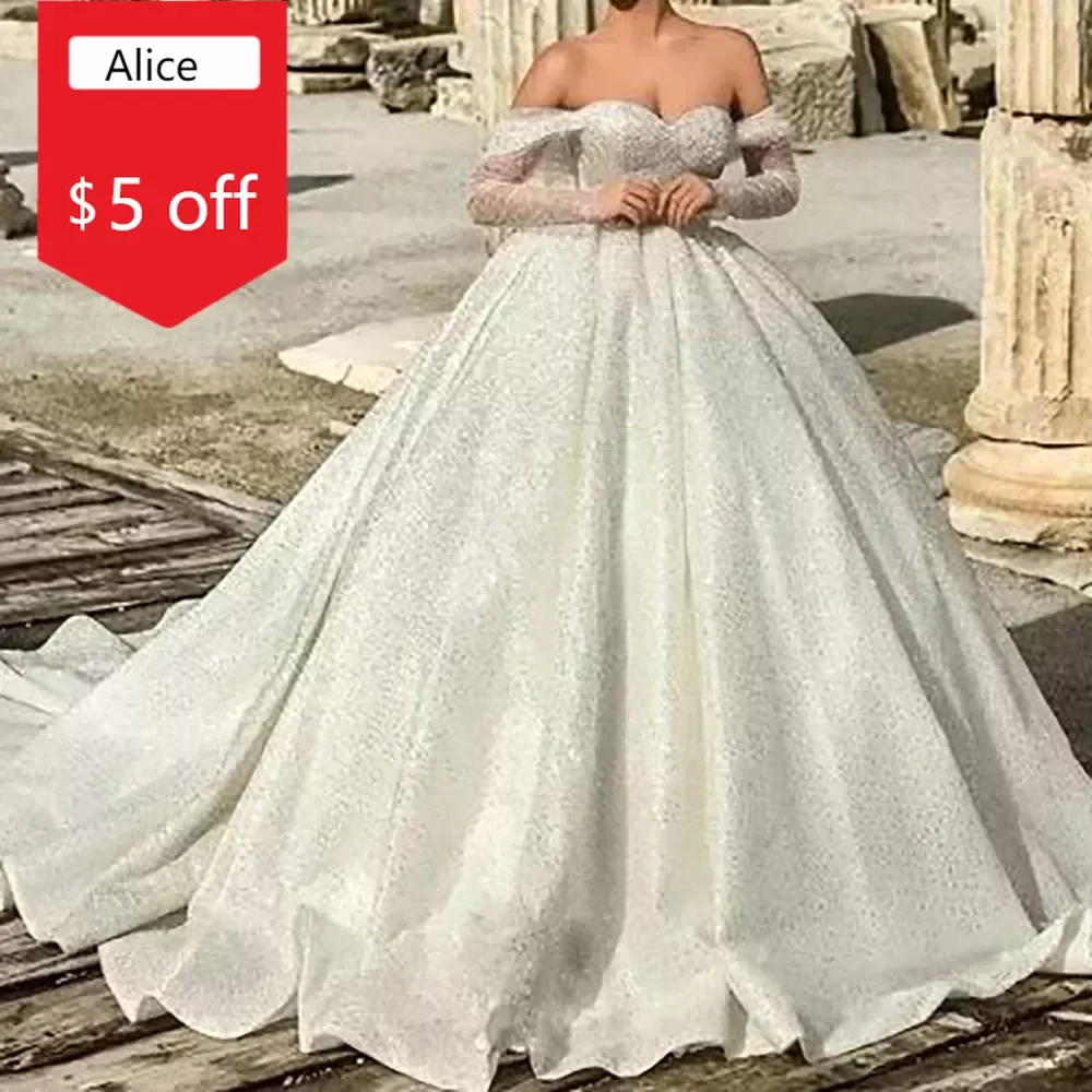 

Luxury Wedding Dresses Off-Shoulder V Neck Beading Long Sleeves Bridal Ball Gowns Sweep Train Vestidos De Novia Custom Made