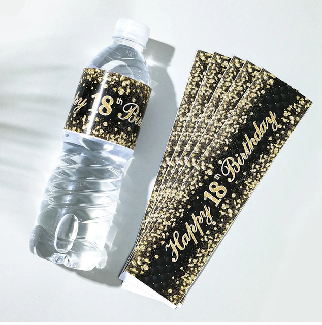 30 Etichette Per Bottiglie D'Acqua Di Compleanno - Nero E Oro - Impermeabili E Personalizzate