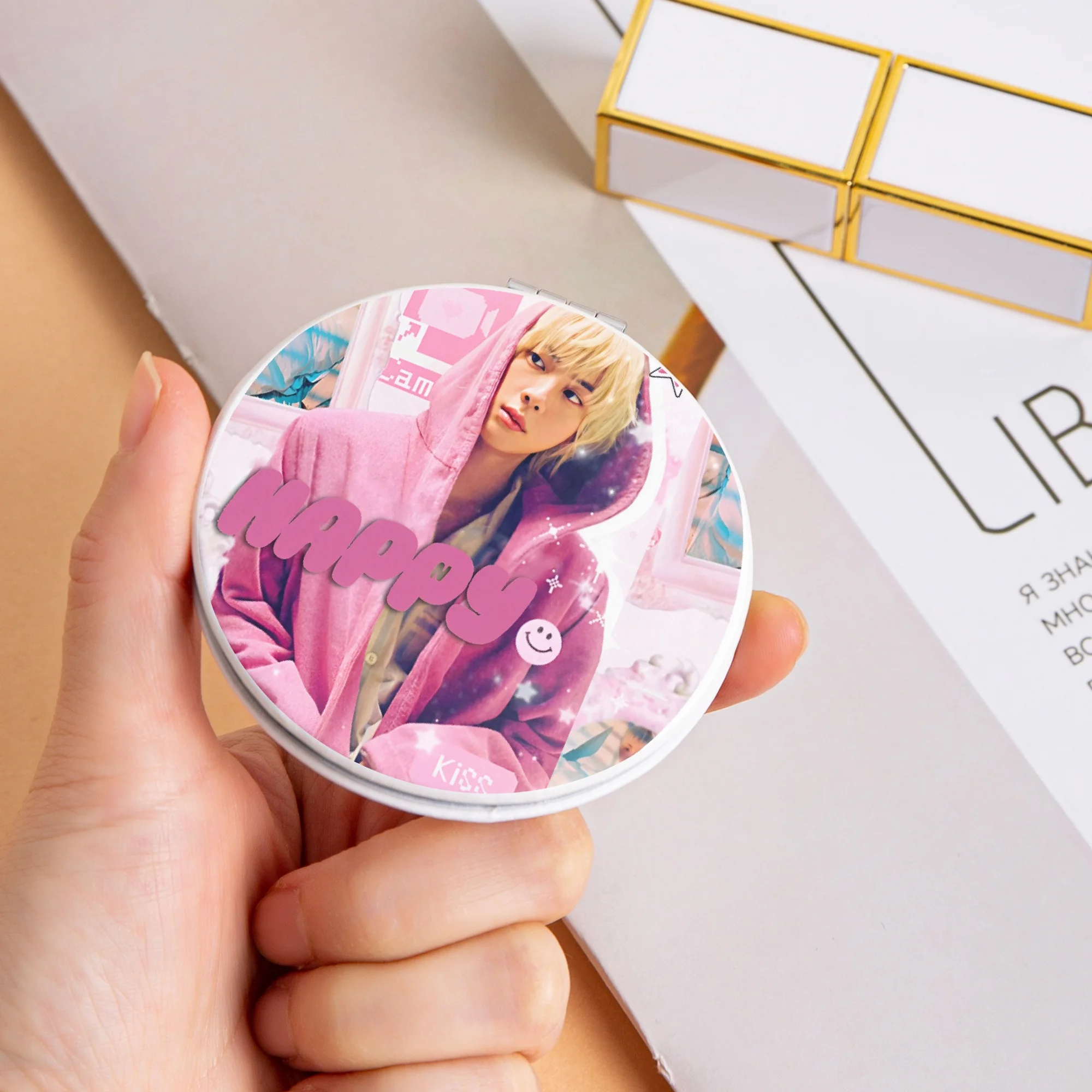 PU Leather Kpop Mini Portable Mirror HAPPY RUNNING WILD Makeup Folding Cosmetics Fun Gifts Accessories Merchs kpop mirror