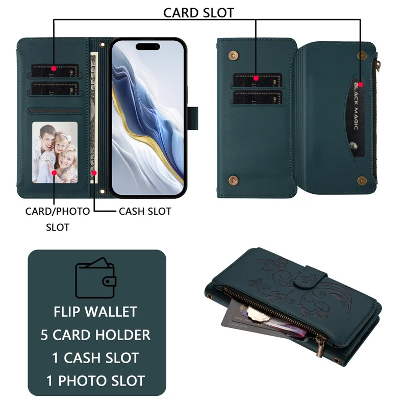 Faux Leather Flip Phone Case with Zipper Wallet and Card Holder