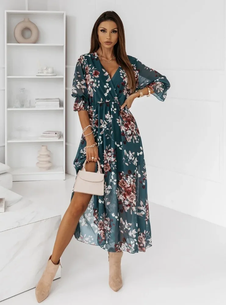 Women Dresses Sexy V Neck Retro Print Chiffon Maxi Dress Fashion Elastic Waist Side Splits Robe Elegant Long Sleeve Loose Dress