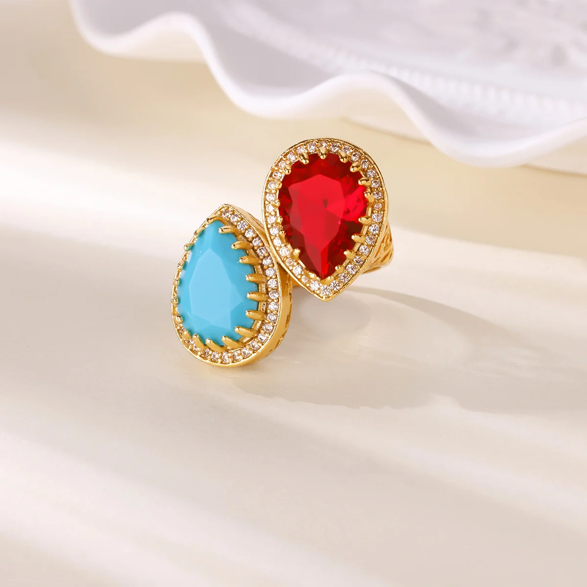 Red&Blue Zirconia Waterdrop Rings for Women