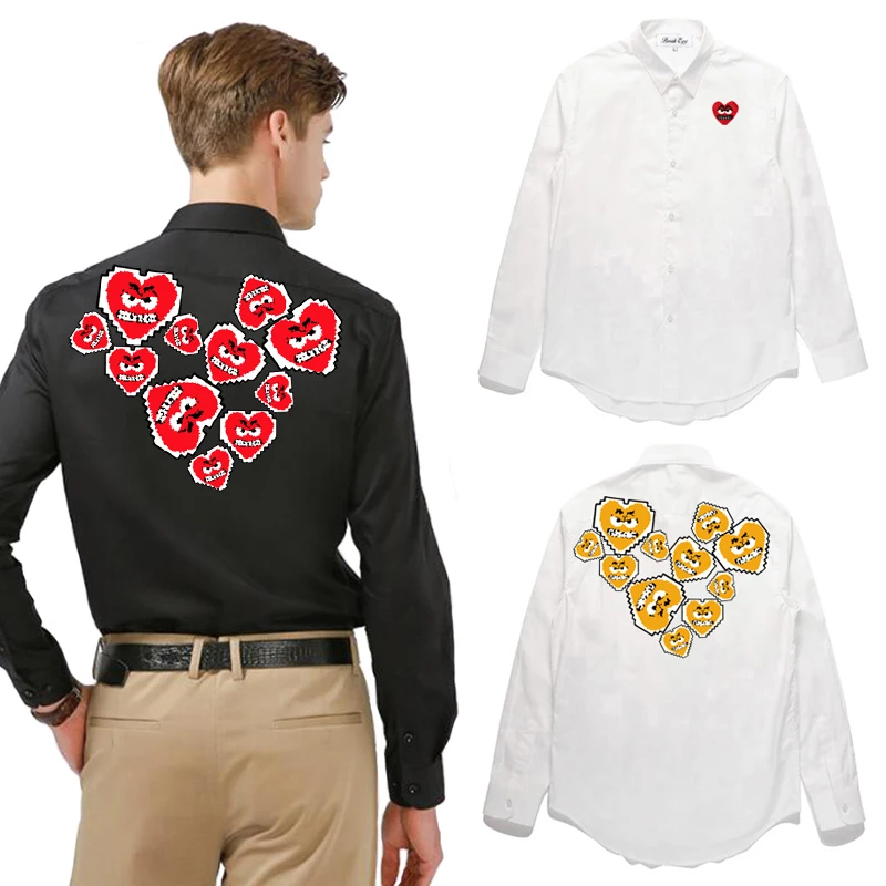 

Break Egg Men Women Shirt Polyester Cartoon Bared Teeth Heart Embroidery Back Pixel Heart Print Lapel Button Long-sleeved Shirt