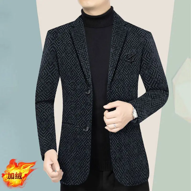 High End Winter Add Velvet Warm Suit Jacket for Men Solid Color Slim Business Casual Social Blazers Office Wedding Men Clothing