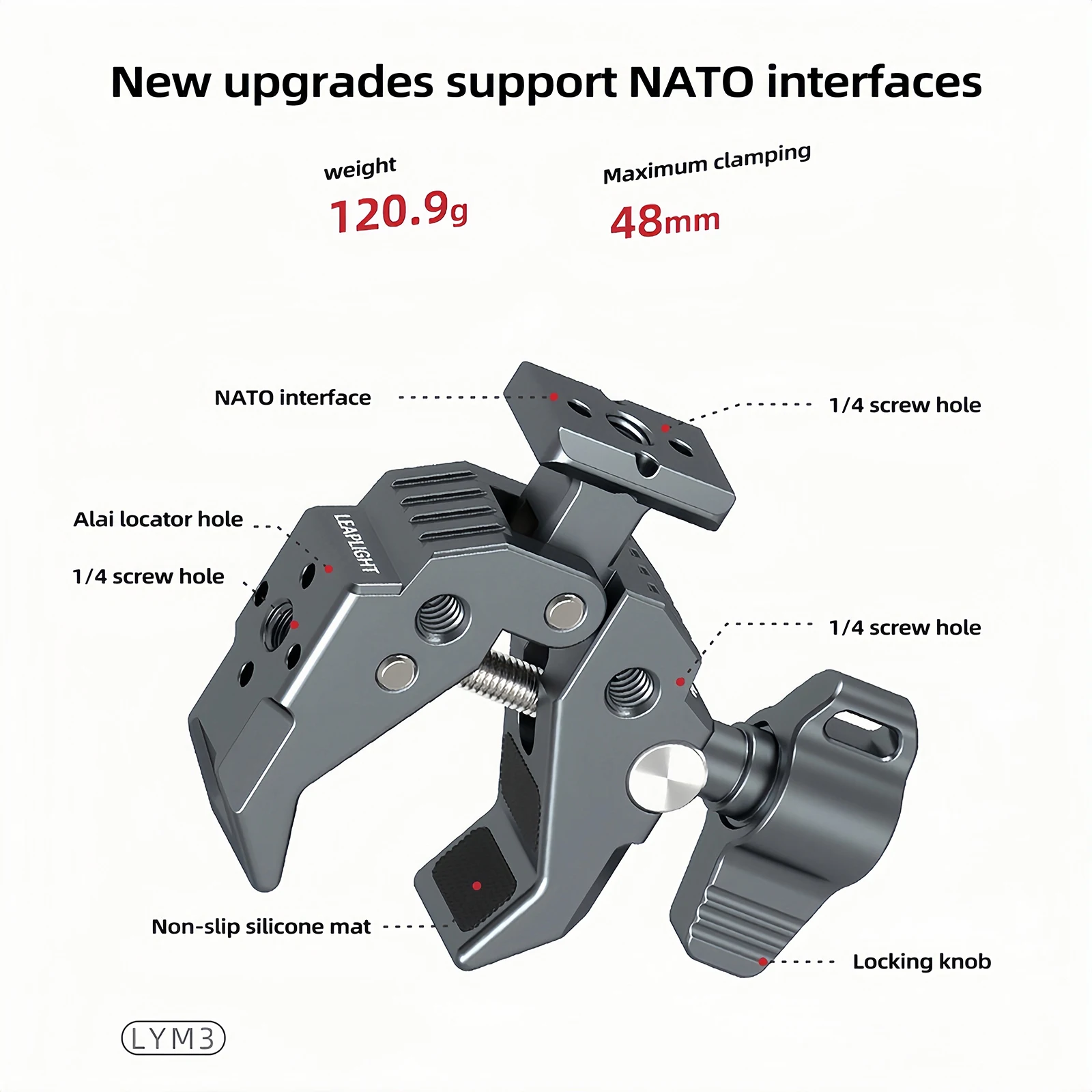Vue éclatée du support universel pour GoPro et caméras d'action, montrant vis 1/4 pouce et interface NATO.