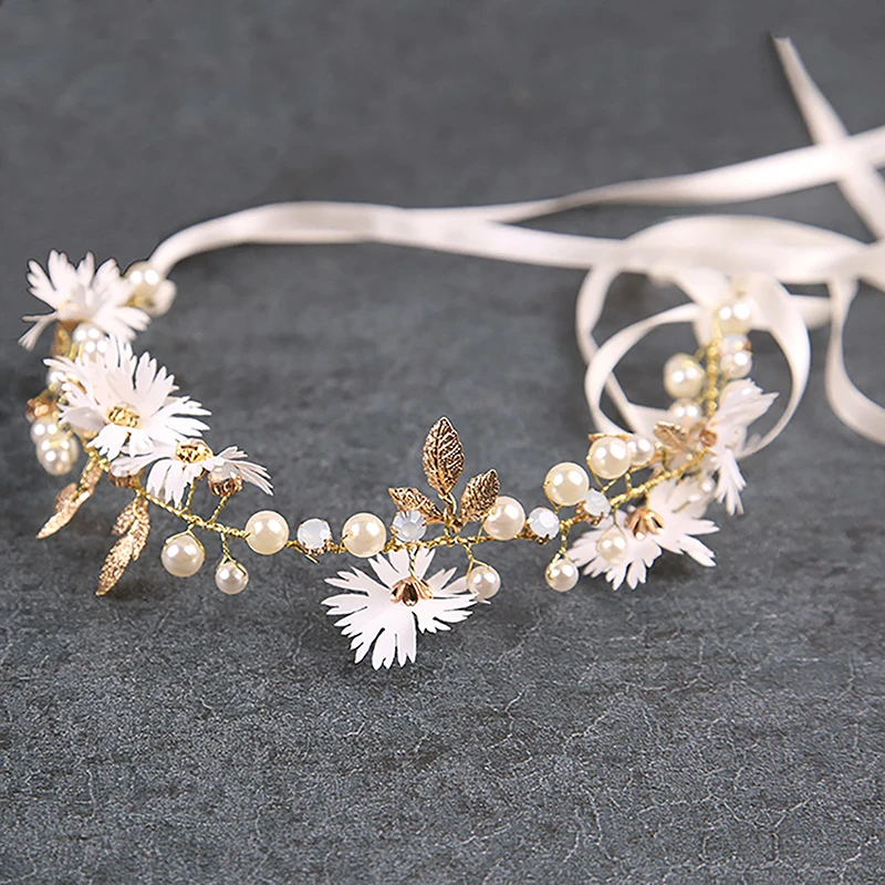 우아한 신부 웨딩 헤어 액세서리 리본 헤드피스, 크리스탈 진주 꽃 소녀 머리띠, 헤어 쥬얼리 액세서리