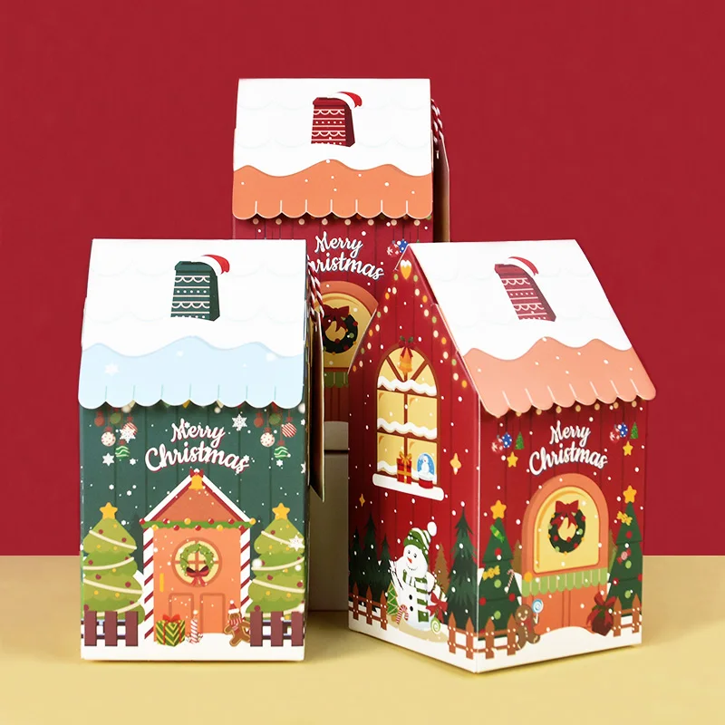 

4pcs Christmas House Shape Candy Gift Box With Tag Cookie Packaging Boxes Merry Xmas Decorations For Home 2024 New Year Navidad