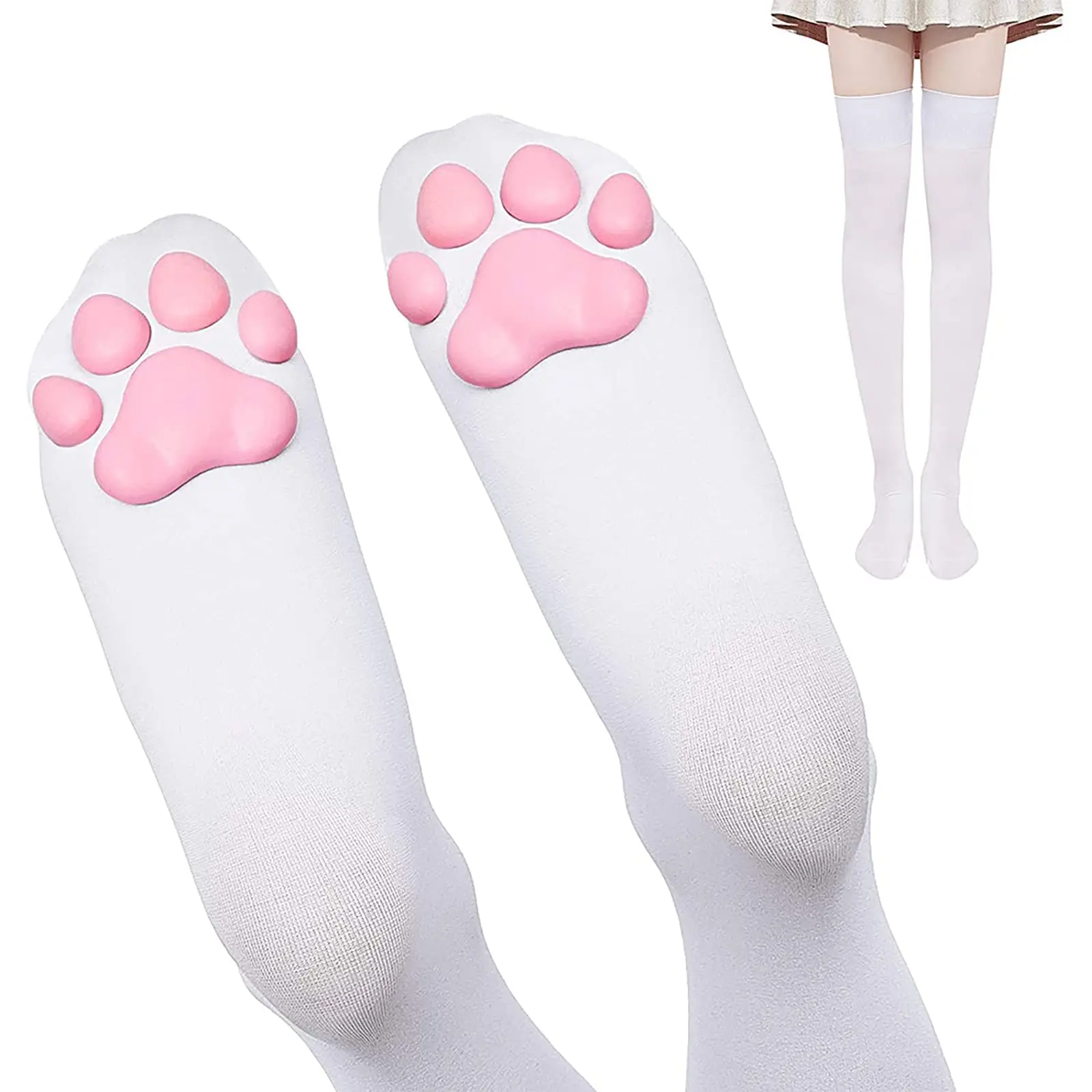 KittyNook Cat Co.'s 3D Cat Paw Meat Pad Socks: white thigh-highs with pink paw pads, cute with a skirt.