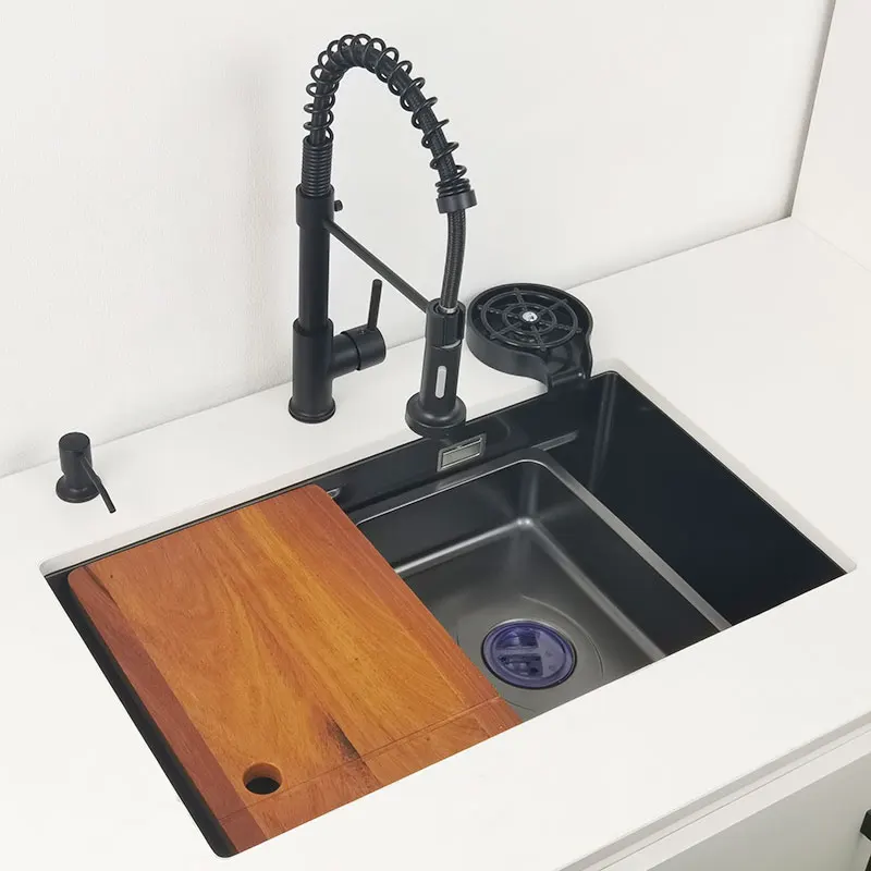 Black Kitchen Sink Above Mount or Undermount Nano Washing Basin with Chopping Board Cup Washer304 Stainless Steel Sinks