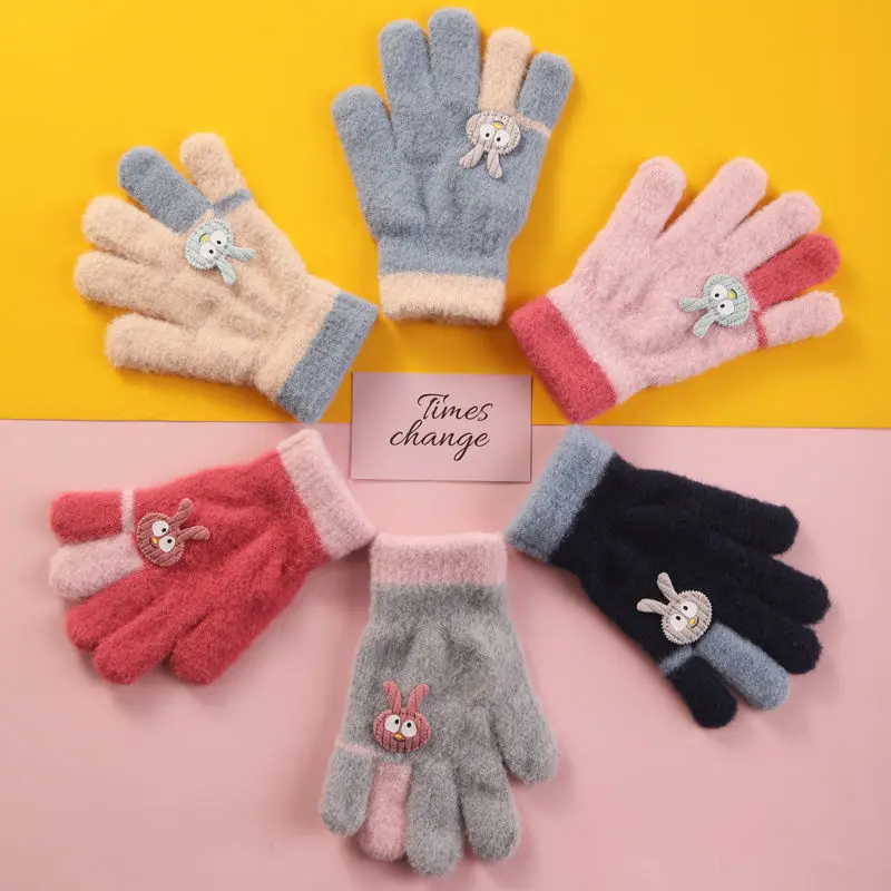 Child Winter Warm Gloves 6-10years Kids Cute Cartoon Bunny Gloves Cold-proof Outdoor Riding Play Knitted Gloves Boy Girl Mittens bowknot winter bow gloves cute touch screen five finger plush driving gloves velvet windproof outdoor riding mittens autumn