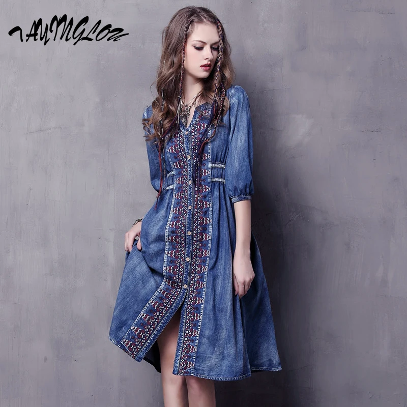 

2023 New Plus Size Dresses Vintage Bohemian Style Loose Denim Dress with Ethnic Embroidery and Drawstring Vestido 6531