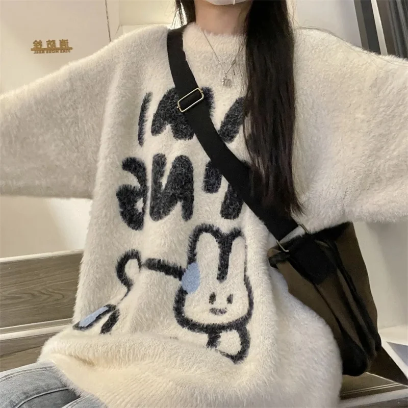 

Женский вязаный свитер средней длины, Свободный вязаный свитер с длинным рукавом и кроликом из меха норки, корейский стиль, Осень-зима 2023