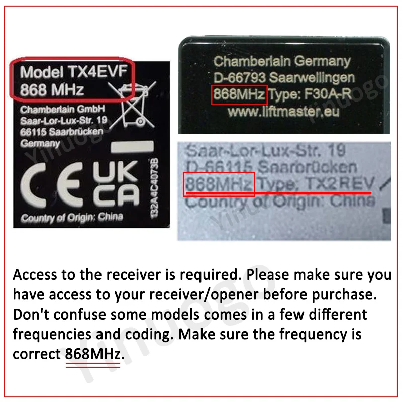 100% Compatible With LiftMaster TX4EVF TX4EV TX2EV CHAMBERLAIN TX4REVF TX4REV TX2REV 868MHz  Electric Garage Door Remote Control 3