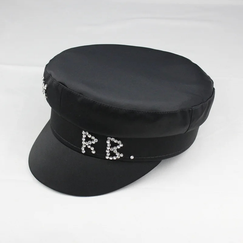 Women hats women military hat Trendy satin letters flat top military hats brand designer spring summer newsboy cap crystal baker boy hat visor