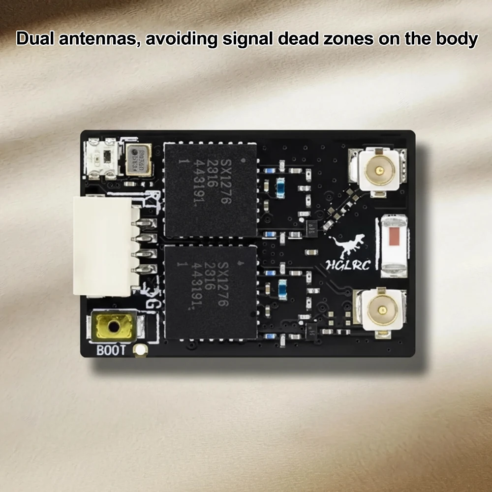 Détail des antennes et ports du récepteur ELRS GEMINI RX Dual 2.4G/915MHz – HGLRC