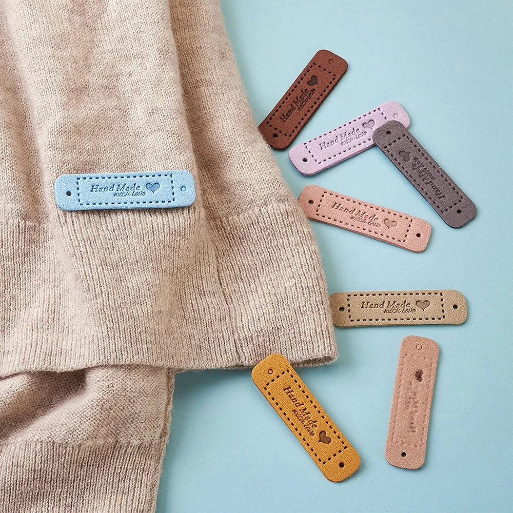 20 Pcs Handmade PU Leather Labels - Colorful Embossed Crochet Tags With Heart Designs For DIY Crafting