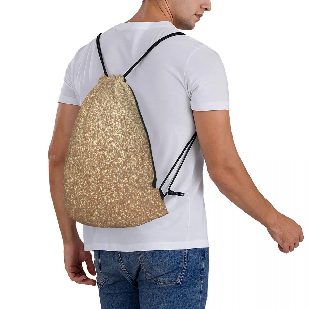 Copper Rose Gold Metallic Glitter Drawstring Bag Backpack Anime Cartoon Women Backpack Customized with Logo Bag