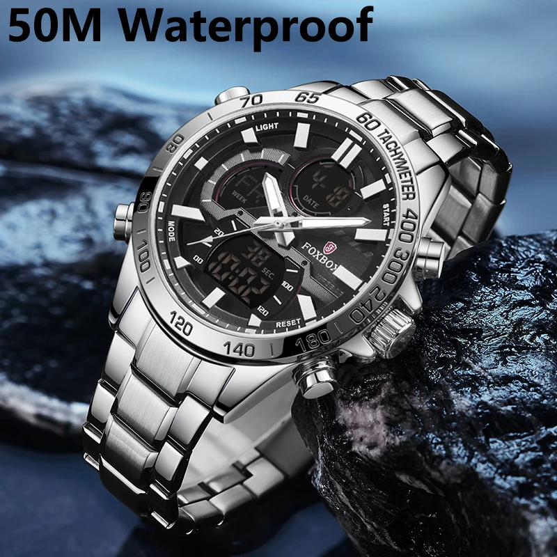 FOXBOX Brand Military Sport Mens Watches Multifunction Digital Stainless Steel Wristwatch Quartz Male Clock Relogio Masculino