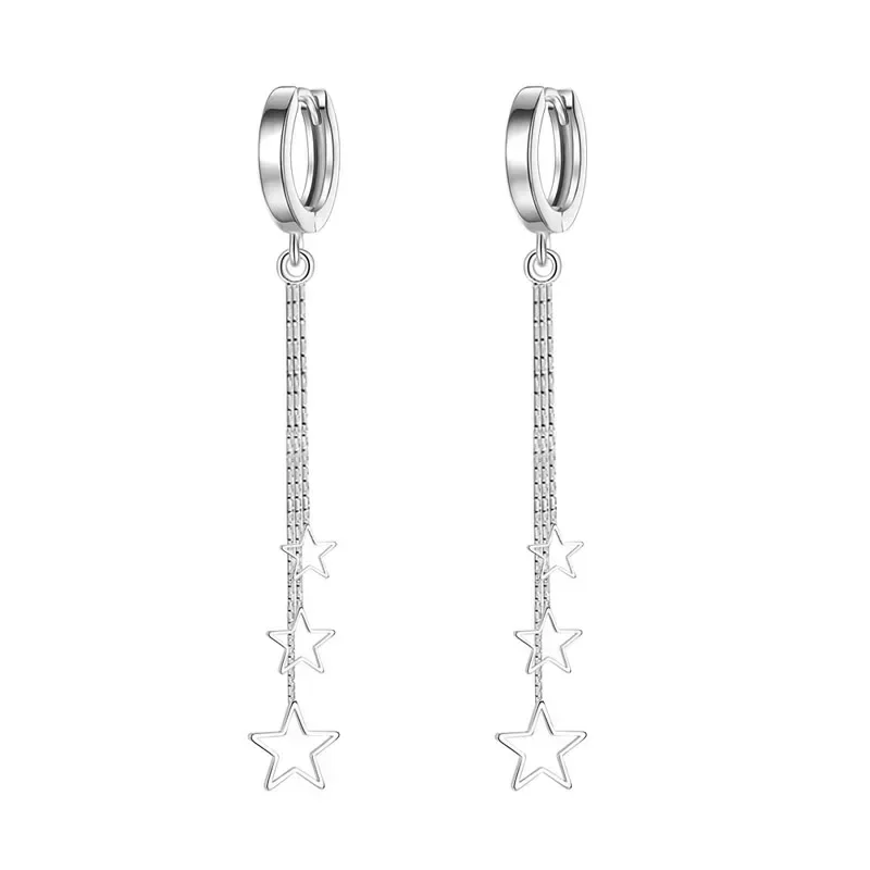 Elegant Popular Three Stars Hoop Earrings For Women 925 Sterling Silver Party Jewelry Beautiful Long Tassel EarringElegant