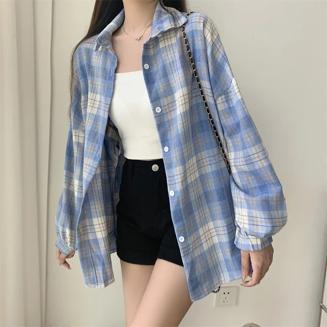Women Tartan Shirt Long Sleeve Collared Button Up Oversized Plaid Shirt Jacket Grunge Fashion Teenage Girl Spring Summer Outfit 4