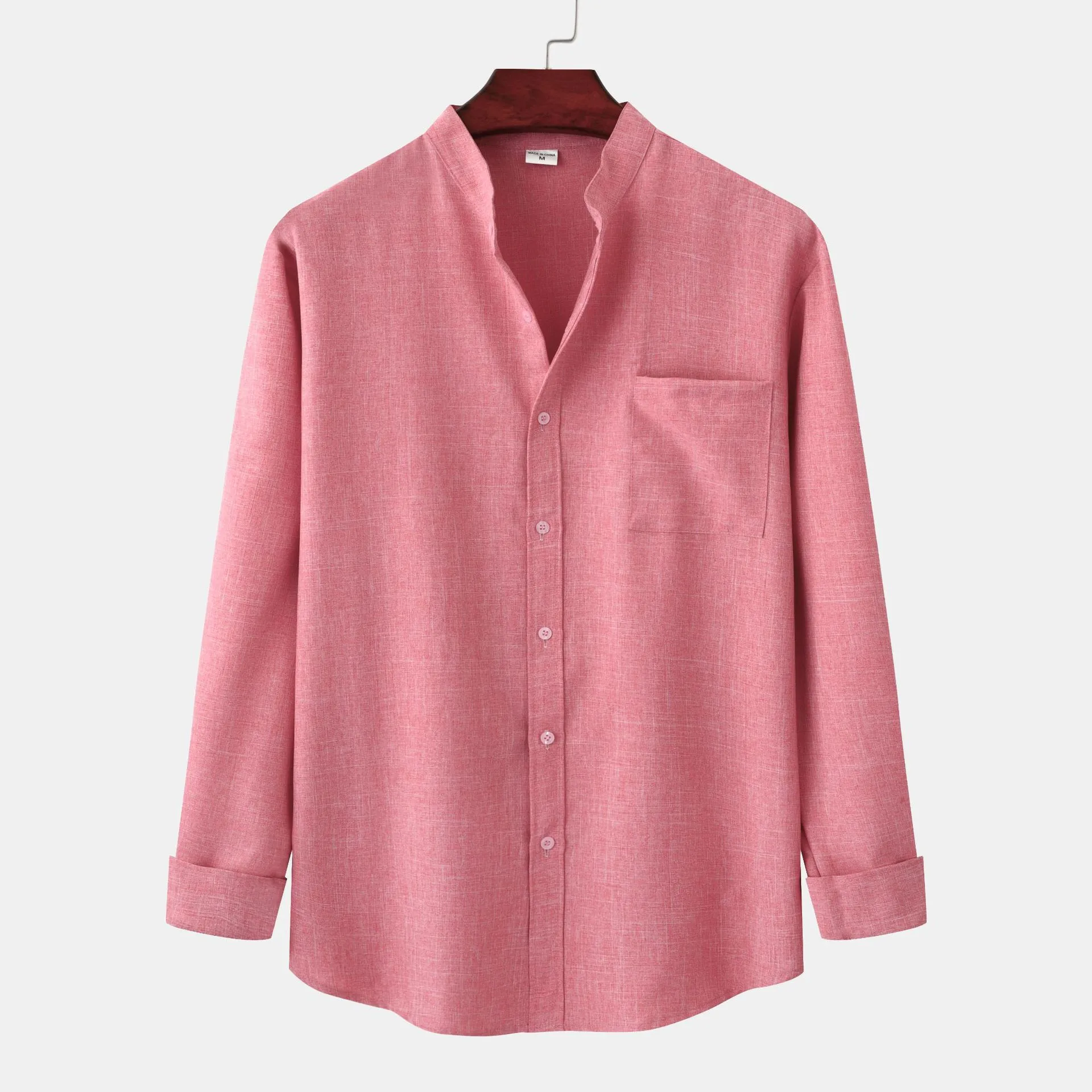 

Men's Casual Solid Color Stand Collar Simple Long Sleeve Shirt shirt Pink