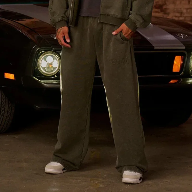 American Style Loose Straight Leg Cotton Sports Pants Men's Heavyweight Fleece Printed Casual Long Trousers Skateboarding