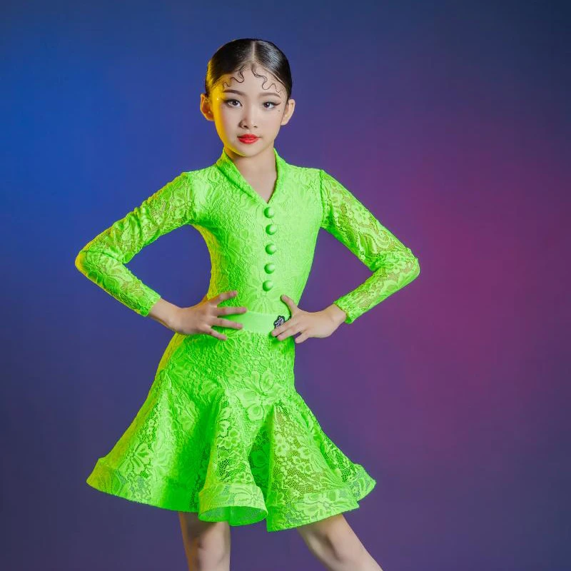 Children's Latin Dance Competition Dress Girl New Green Lace Split