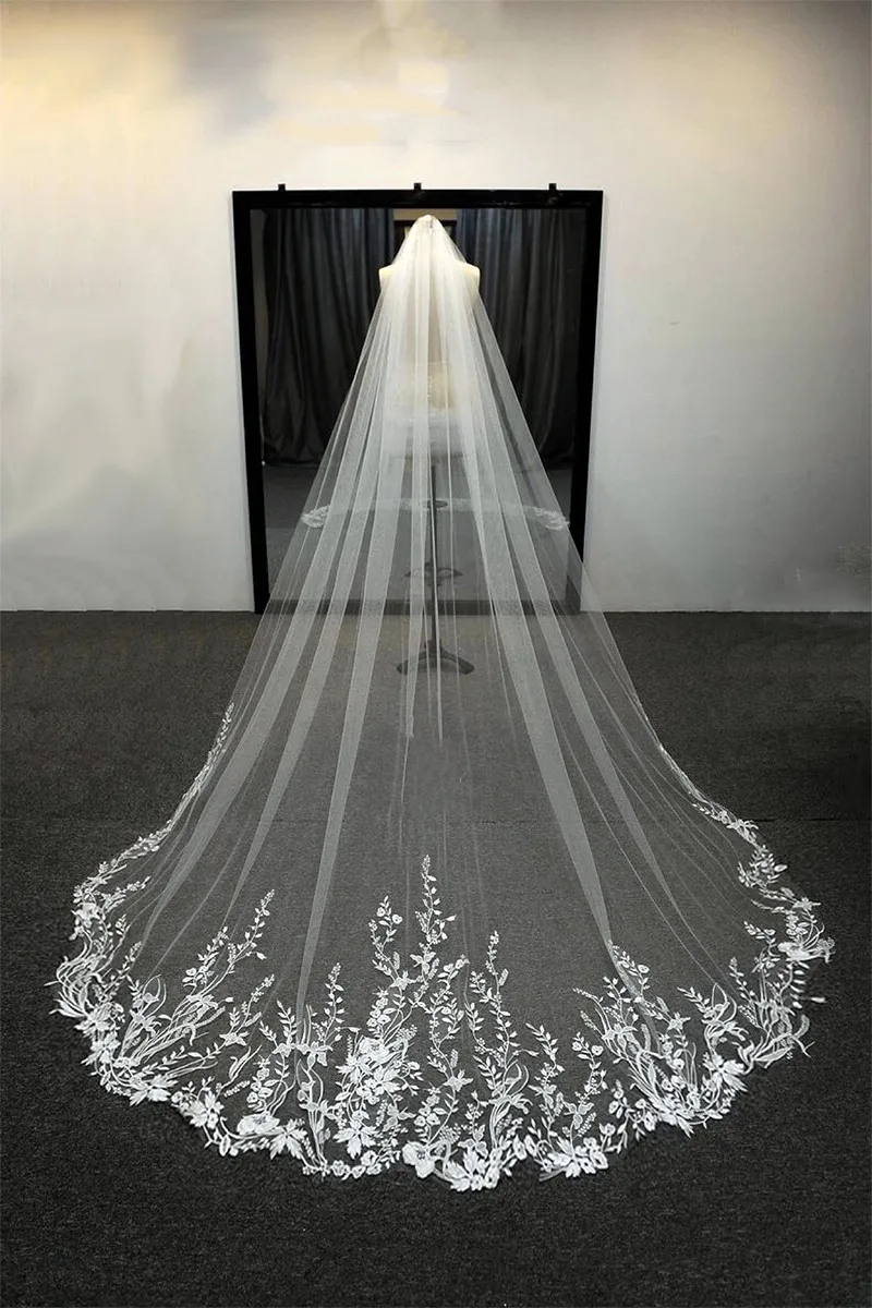 Bridal Veil Sparkling White Ivory Long Bridal Veils Wedding Veil Lace Appliques Soft Net Cathedral Veil