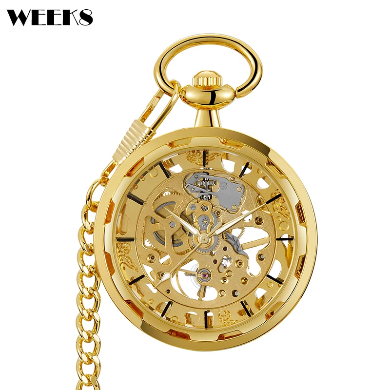 

Roman Numeral Mechanical Pocket Watch Luxury Hollow Steampunk Gold Golden Skeleton Fob Chain Clock for Men Women Collection Gift