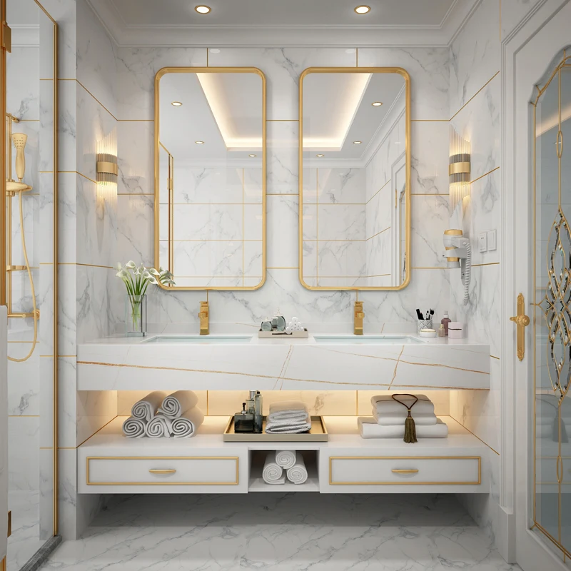 

Light luxury solid wood bathroom cabinet modern simple rock panel cabinet combination washing table double basin cabinet