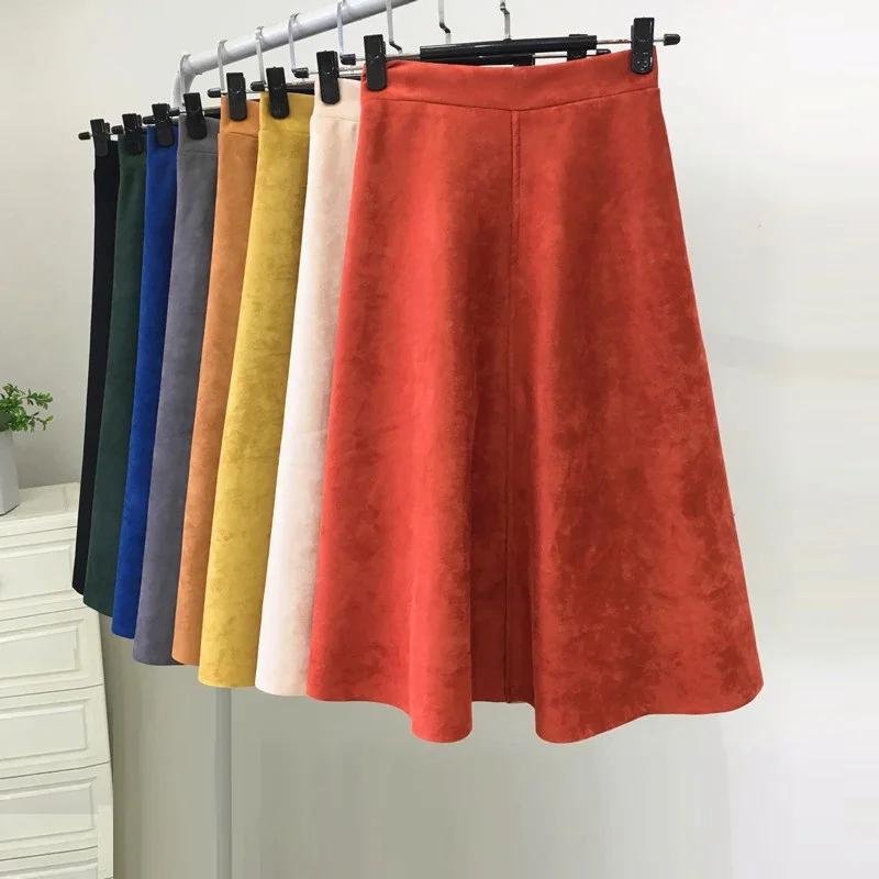 Women Suede Skirt Long Skirts 2021 Spring Warm Office Lady Vintage Brand  A-Line Korean Fashion Clothing Casual Loose Long Skirt