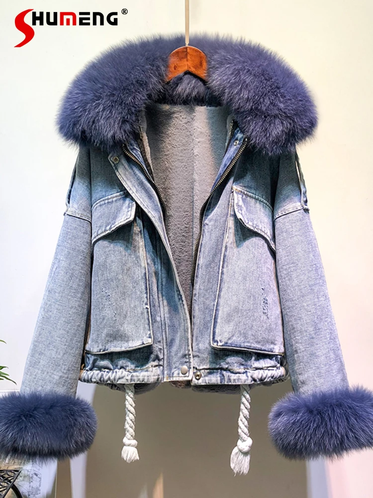 Fox Real Fur Denim Jacket Winter 2023 Korean Style Loose Long Batwing Sleeve Women's Fleece-Lined Thickened Cotton-Padded Coat