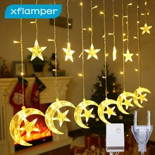 

xflamper 3.5M Moon Stars Curtain String Lights Icicle LED Light 8 Flashing Modes IP44 Waterproof for Room Home Wedding Decor