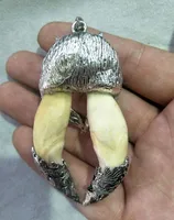 Chinese Collection Teeth Inlaid Tibetan Silver Wolf Head Pendant Amulet 2