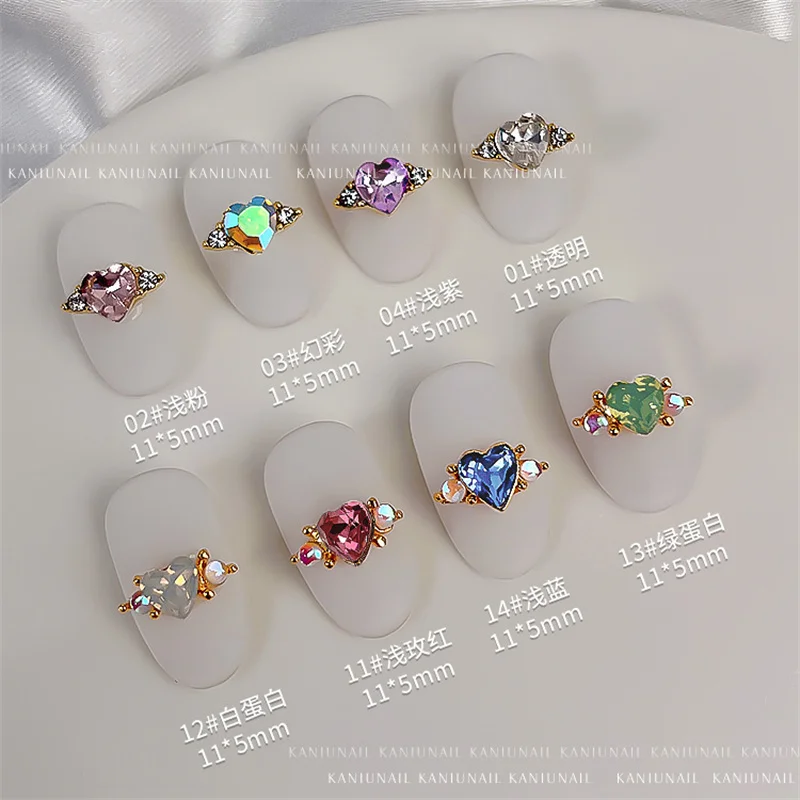 

10pcs 3D Nail Art Alloy Rhinestone Decorations Multi Color Heart Ring Diamond Glass Charms Press On Nails Luxury Nail Accessory