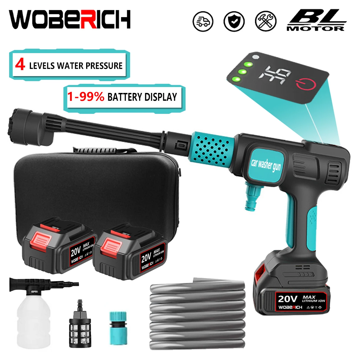 WOBERICH 280Bar 4Gears Brushless Electric High Pressure Washer Cordless Car Washing Gun Water Digital Display For Makita 18V Battery
