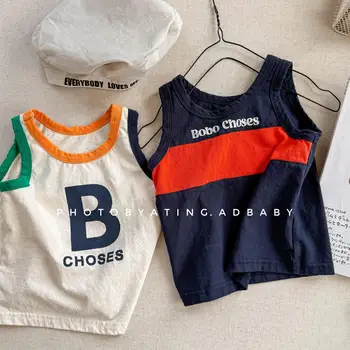 2025 Summer New Girls Sleeveless Vest Letter Print Boys T Shirts Cotton Children Casual Tops Loose Kids Tee Infant Clothes