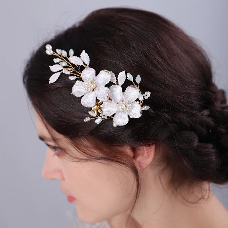 Handmade Hair Clip Gold Flower Bridal Headband Alloy Leaf Wedding Hair Accessories Tiara for Women Headpiece Brides Headdress