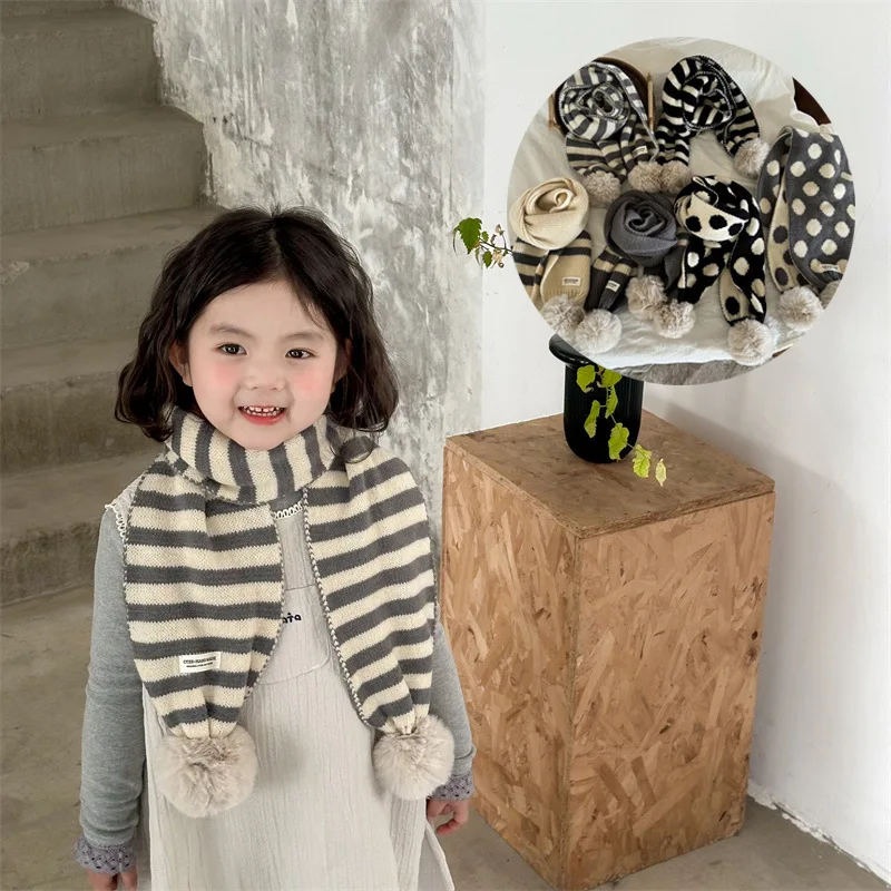 Korea Ins Kids Winter Baby Girls Scarf Cute Wave Point Stripe Hairball Scarves Kawaii Soft Warm Knitted Scarfs Accesoire 3-15y